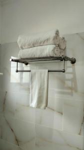 a bathroom with a towel rack with towels at Dovass Self Catering Apartments in Takamaka