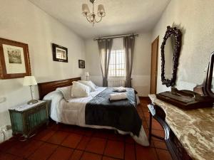Un dormitorio con una cama grande y una ventana en EL CASTILLO DE CIRUELAS, en Ciruelas