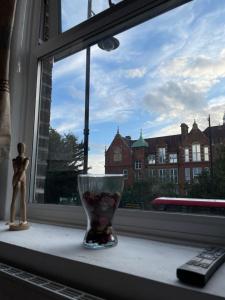 a vase sitting on a window sill next to a remote control at Spacious Family Flat in London