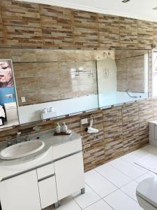 uma casa de banho com um lavatório e um espelho em DINASTIE APART HOTEL em Chajarí