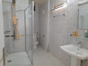 a bathroom with a shower and a sink and a toilet at CHEZ CODOU FANN RESIDENCE in Dakar