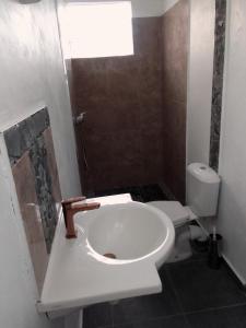 een badkamer met een wastafel en een toilet bij Studio avec sa terrasse et son jardinet dans un écrin de verdure in Les Abymes