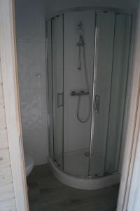 a glass shower in a bathroom with a toilet at SŁONECZNE DOMKI in Gąski