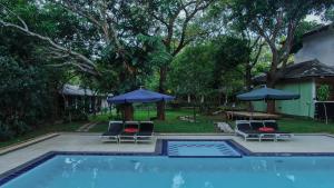 a swimming pool with two lounge chairs and umbrellas at Royal Retreat, Sigiriya 5 mins to Sigiriya Rock in Sigiriya