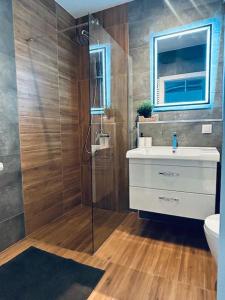 a bathroom with a toilet and a sink and a shower at Apartament Stary Szczecin in Szczecin