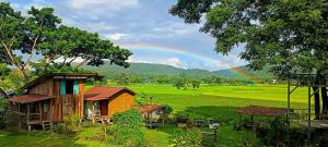 a rainbow over a green field with a house at Kaewma farmstay in Ban Khuang Kom