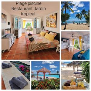 - un collage de photos d'un complexe avec un lit et une plage dans l'établissement Anse des rochers - Ti Kaz MiLouMa, à Saint-François