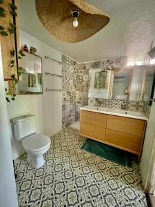 y baño con aseo, lavabo y espejo. en Maison individuelle avec piscine à Grasse, en Grasse