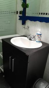een badkamer met een witte wastafel en een zwarte kast bij Apartaestudio tipo cabaña in Bogota