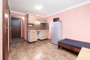 a small room with a refrigerator and a kitchen at Apartmány Klínovec - Penzion Jonas in Loučná pod Klínovcem