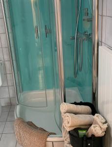 a bathroom with a shower and a pile of towels at B&B Biel-Brügg in Brügg