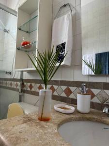 a bathroom sink with a vase with a plant on it at Casa Amarela, para veraneio em Areia Dourada in Cabedelo