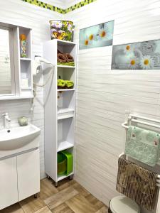 a bathroom with a sink and a toilet at Flower Breeze in Chebanka