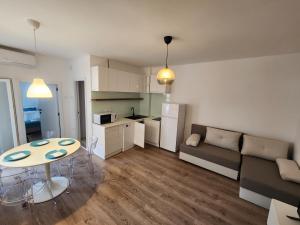 a kitchen and living room with a table and a couch at Modern Cozy Suite - Vracar in Vračar (historical)