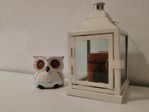 Una linterna blanca con un gato sentado junto a un jarrón en Casa vacanza Lara, en Santa Brigida