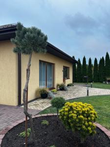 a palm tree in a garden in front of a house at Namo-pirties nuoma Vinkšnėnuose in Vijoliai