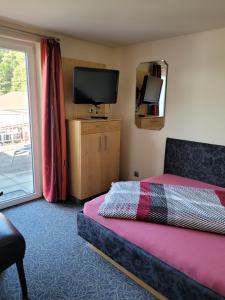 Schlafzimmer mit einem Bett, einem TV und einem Fenster in der Unterkunft Pension Waldblick in Böbrach