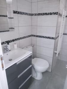 a white bathroom with a toilet and a sink at Joli Appartement de vacances in Écouen +28 photos