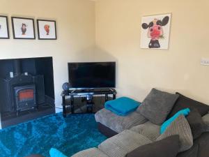 a living room with a couch and a fireplace at The Chalet In The New Forest - 5 km from Peppa Pig! in Southampton