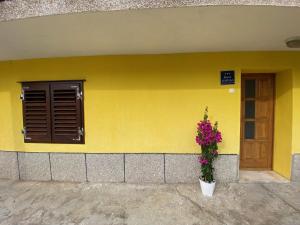 a yellow wall with a door and a potted plant at Apartment Bilic in Split