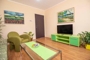 a living room with a flat screen tv and a table at Q9 in Kragujevac