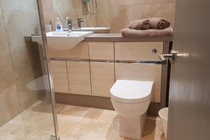 a bathroom with a toilet and a sink at Seaside Escape - Deganwy Beach Cottage - Sea Views & Golf Course Views in Deganwy +36 photos