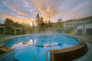 a large swimming pool with a sunset in the background at Nouri in Bad Krozingen