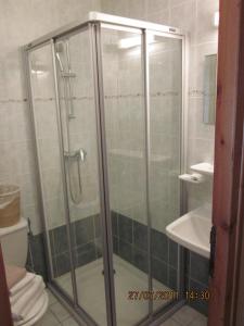 a bathroom with a shower with a toilet and a sink at Hôtel les skieurs in Bellevaux