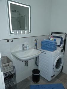a bathroom with a sink and a washing machine at FeWo im Ried.Schwanau in Schwanau