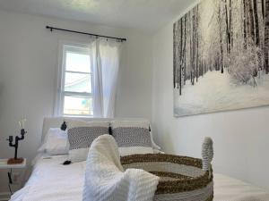 a bedroom with a bed with a chair and a picture on the wall at Pet Friendly, 30+ Night Stay in Johnson City