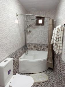 a bathroom with a toilet and a shower and a tub and a sink at Dari Zanjir in Samarkand
