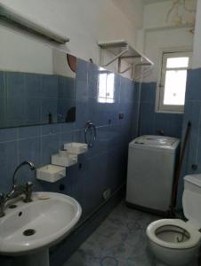 een blauw betegelde badkamer met een toilet en een wastafel bij Villa Elaraby Mohamed in Aswan