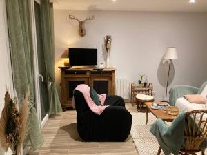 uma sala de estar com uma cadeira e uma televisão em Gîte Ty Guen à Paimpol em Paimpol