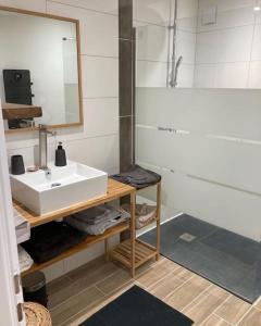 La salle de bains est pourvue d'un lavabo blanc et d'une douche. dans l'établissement Gîte Ty Guen à Paimpol, à Paimpol