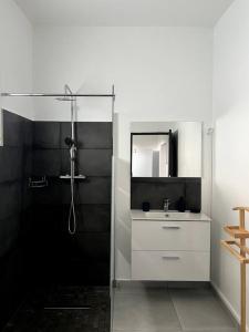 a bathroom with a sink and a shower with a mirror at L'escale du sud sauvage in Petite Île
