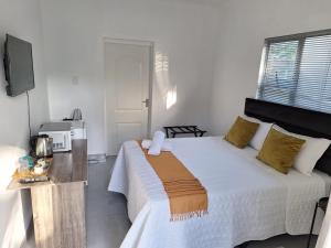 1 dormitorio con 1 cama grande y TV en AveBulela Penthouse, en Richards Bay