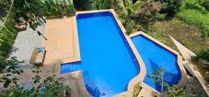 an overhead view of a large blue swimming pool at HomDoiIntr Farmstay ฮ่อมดอยอินทร์ ฟาร์มสเตย์ in Ban Huai Kaeo