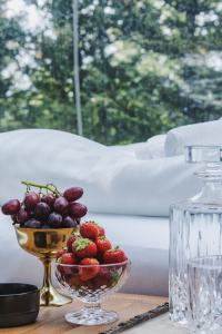 un tazón de fruta en una mesa con un tazón de uvas en Buubble Hotel - Hrosshagi, en Selfoss