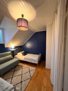 コルマールにあるGîte de la Niederauのソファ、ベッド、天井が備わる客室です。