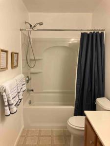 a bathroom with a tub and a toilet and a shower at Midtown Harrisburg Townhouse in Harrisburg