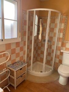 uma casa de banho com um chuveiro e um WC. em Familia Anfitriona acoge terraza em Sevilha