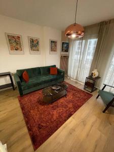 een woonkamer met een groene bank en een rood tapijt bij Appart charmant au cœur de la ville et des commodités in Saint-Ouen