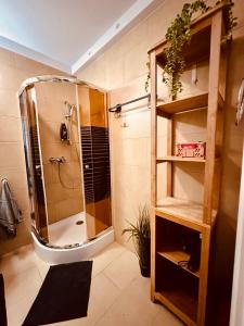 a bathroom with a shower with a glass door at Śnieżkowe Love - dwupoziomowy apartament z garażem in Karpacz