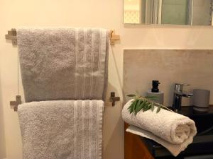 ein Badezimmer mit Handtüchern auf einem Handtuchhalter in der Unterkunft #2 Studio # Place charmante in Toulon + 11 Fotos
