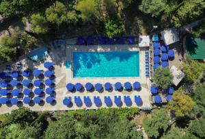 una vista aérea de una piscina con sillas azules en Village Camping Santa Fortunata - Campogaio, en Sorrento