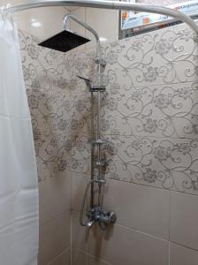 La salle de bains est pourvue d'une douche et d'un mur à motifs. dans l'établissement saba on Dadiani street, à Tbilissi