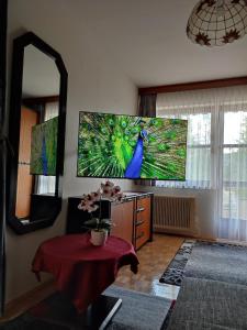 sala de estar con TV de pantalla plana grande en la pared en Appartement Sonja Nassfeld, en Sonnenalpe Nassfeld