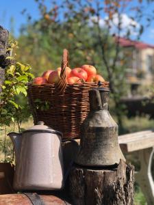 a basket of apples sitting next to a tea kettle at Cozy House in Tʼelavi