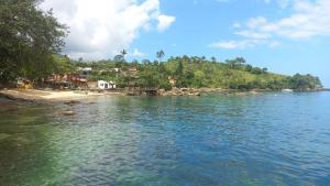 um grande corpo de água com uma praia e árvores em Casa Beira Mar Ilhabela Portinho em Ilhabela