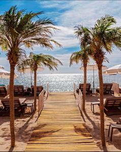 una passerella di legno che conduce alla spiaggia con palme di VILLA MAUPASSANT T2 BORD DE MER a Cannes